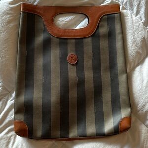 Fendi Brown and Black Canvas Vertical Striped Tote with Leather Trim AUTHENTIC.